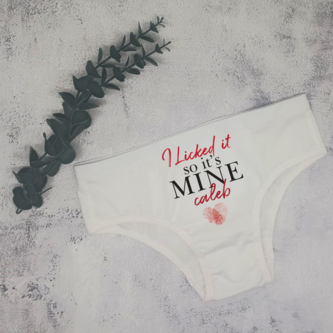 Personalised Ladies Cheekie Underwear from Happy Look | South Africa – "I Licked It So It's Mine" design with a name and kiss mark. Ideal for romantic occasions like Valentine's Day, anniversaries, and weddings. Customisable with any name for a unique and playful gift. Shop now!