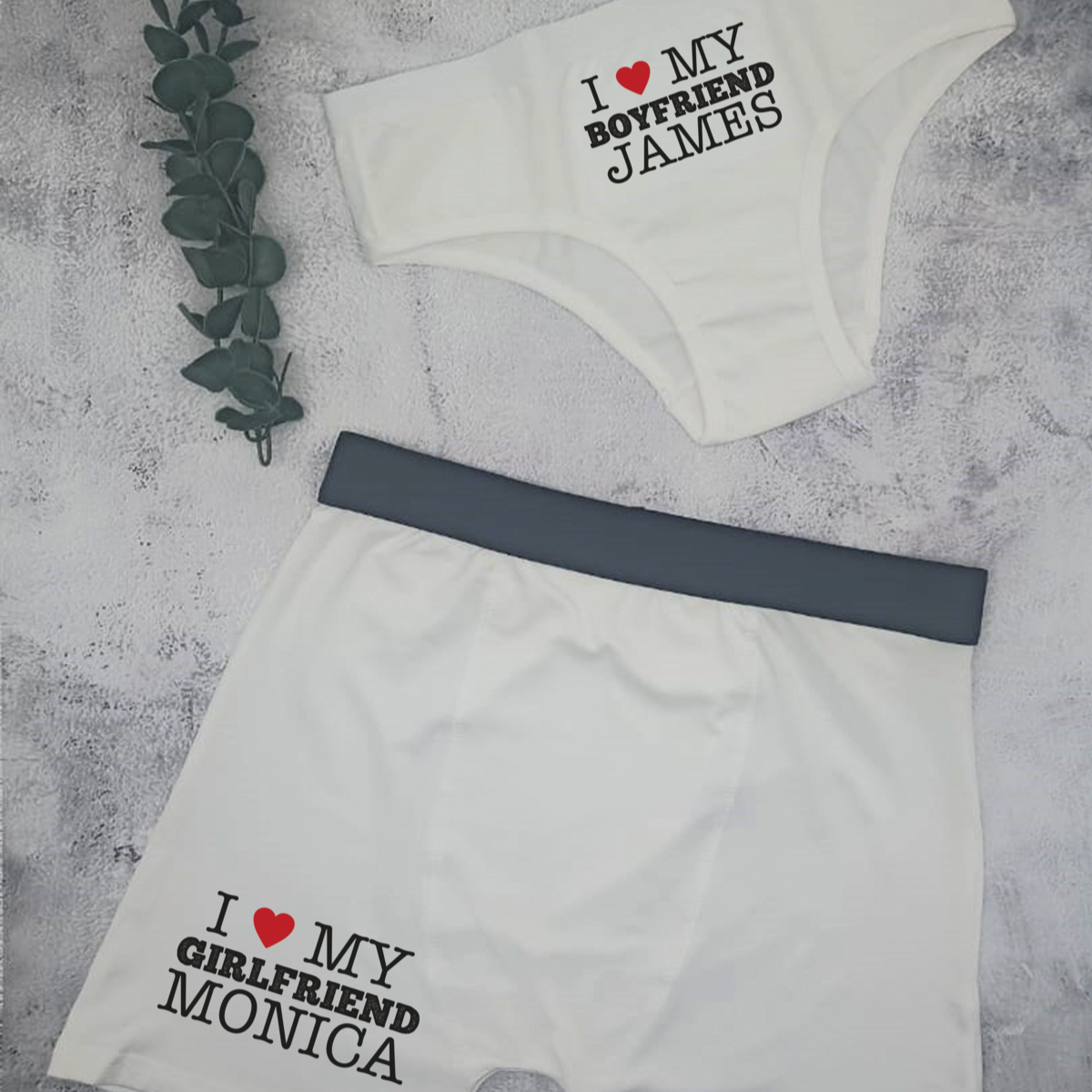 "Personalised couples underwear set from Happy Look | South Africa – Made from soft, high-quality fabric, featuring 'I love my boyfriend' on the ladies' underwear and 'I love my girlfriend' on the men's underwear, custom-printed with your partner’s name and a special quote. Perfect for anniversaries, Valentine’s Day, or as a fun, intimate gift. A unique and playful way to celebrate your love. Shop now!