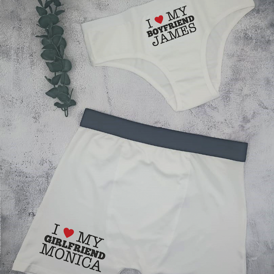 "Personalised couples underwear set from Happy Look | South Africa – Made from soft, high-quality fabric, featuring 'I love my boyfriend' on the ladies' underwear and 'I love my girlfriend' on the men's underwear, custom-printed with your partner’s name and a special quote. Perfect for anniversaries, Valentine’s Day, or as a fun, intimate gift. A unique and playful way to celebrate your love. Shop now!