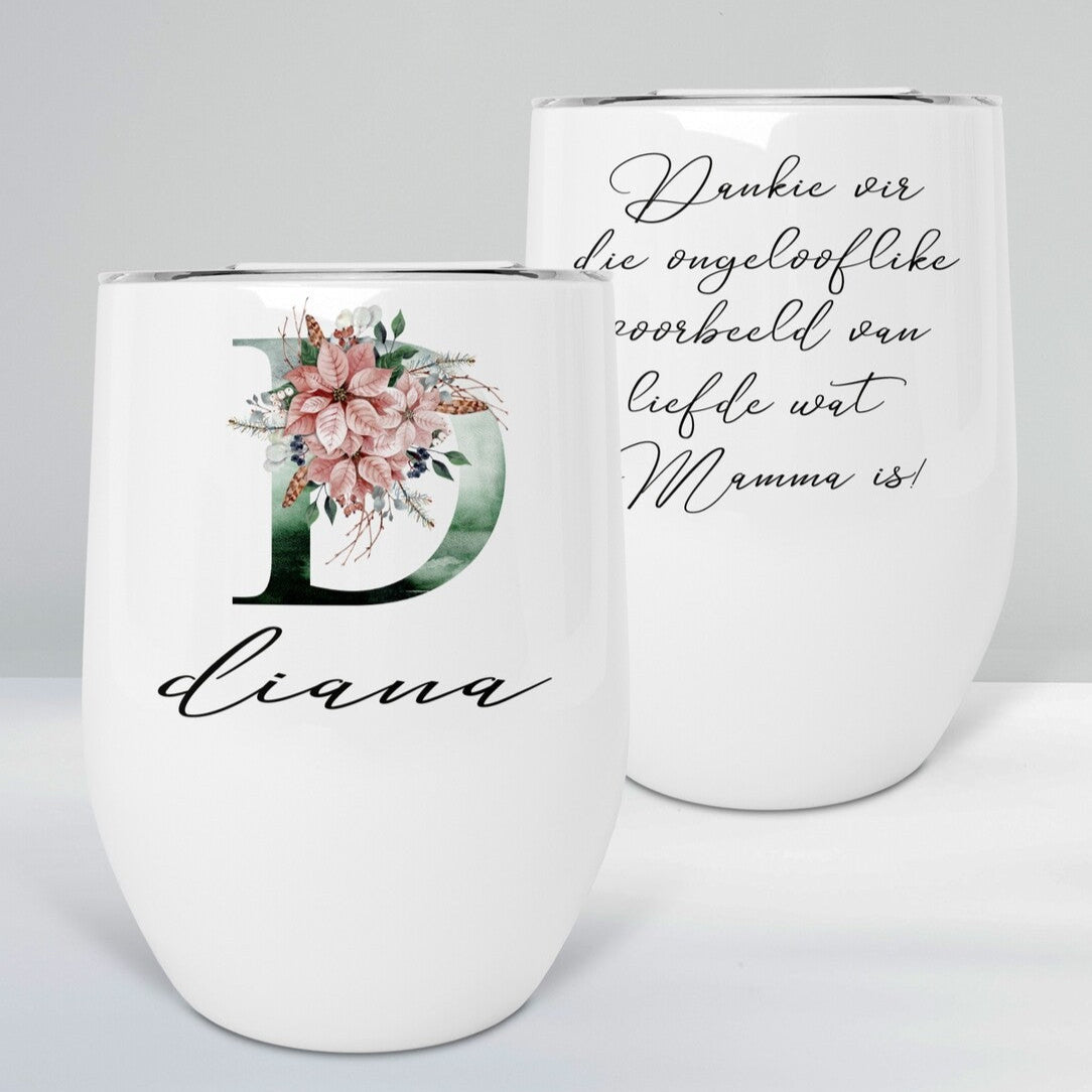 Personalised Travel Mug from Happy Look | South Africa – Featuring an elegant monogram and a heartfelt message. Perfect for Birthday Celebrations and customisable with names or quotes. A thoughtful gift that brings joy and lasting memories. Shop now!