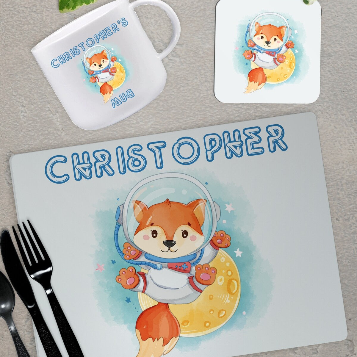 Personalised Astronaut Fox Placemat Set from Happy Look | South Africa – Perfect for imaginative mealtime moments. Perfect for birthdays and customisable with name. A thoughtful gift that brings joy and lasting memories. Shop now!