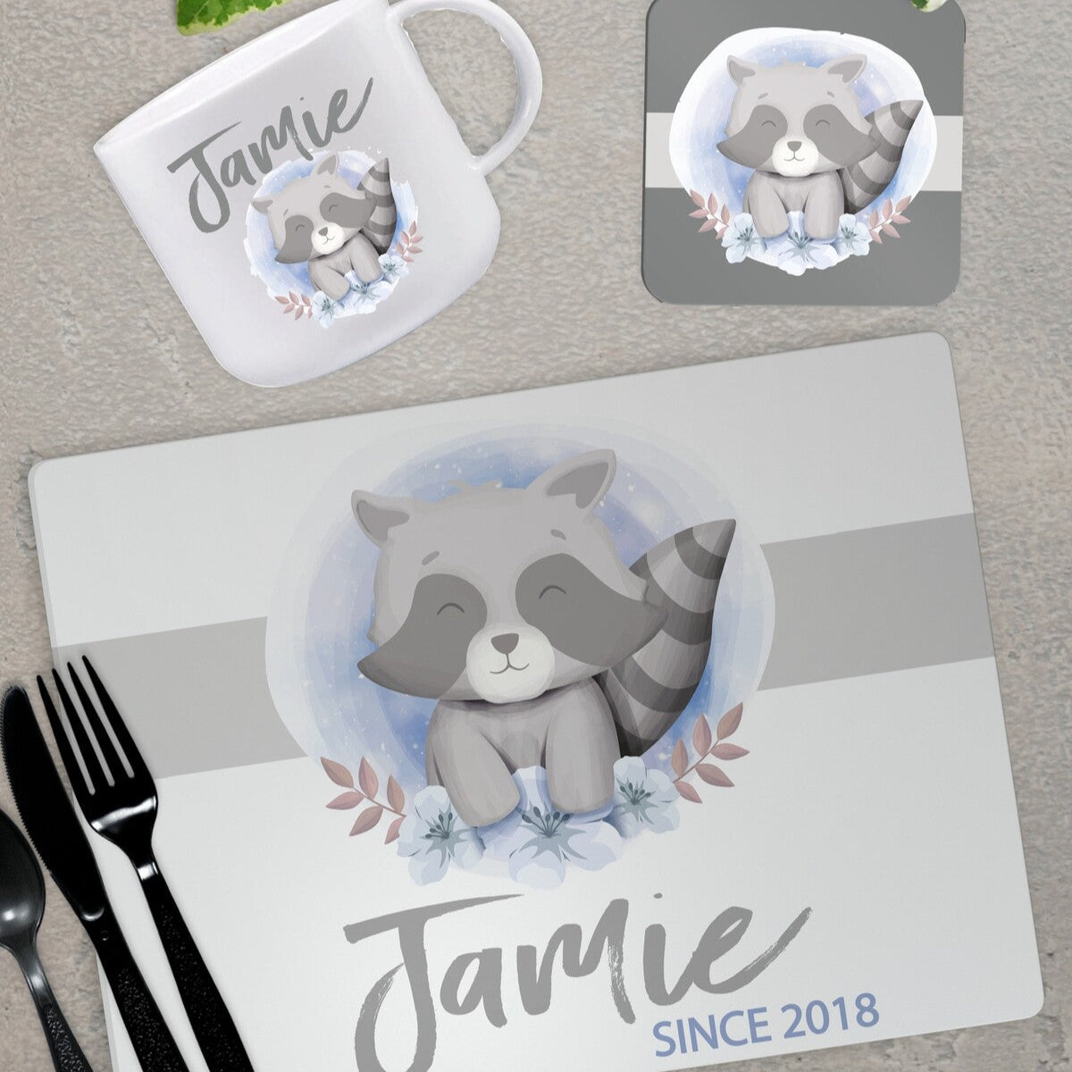 Personalised Raccoon Placemat Set from Happy Look | South Africa – Ideal for mealtime fun. Perfect for birthdays and customisable with name and date. A thoughtful gift that brings joy and lasting memories. Shop now!