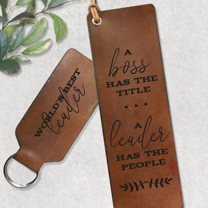 Personalised Leather Keyring and Bookmark Set from Happy Look | South Africa – Inspirational quotes on leadership. Perfect for appreciation gifts and customisable with titles. A thoughtful gift that brings joy and lasting memories. Shop now!