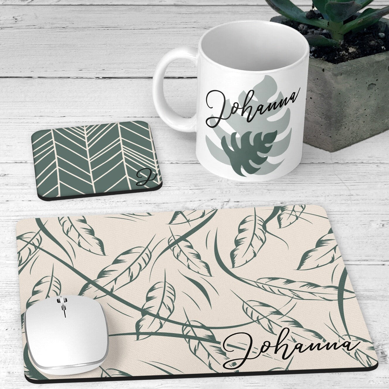 Personalised Desk Set from Happy Look | South Africa – Chic botanical leaf-themed desk set with a mug, coaster, and mouse pad. Ideal for nature lovers, workspace upgrades, and special occasions. Customisable with a name. A thoughtful gift that brings joy and lasting memories. Shop now!