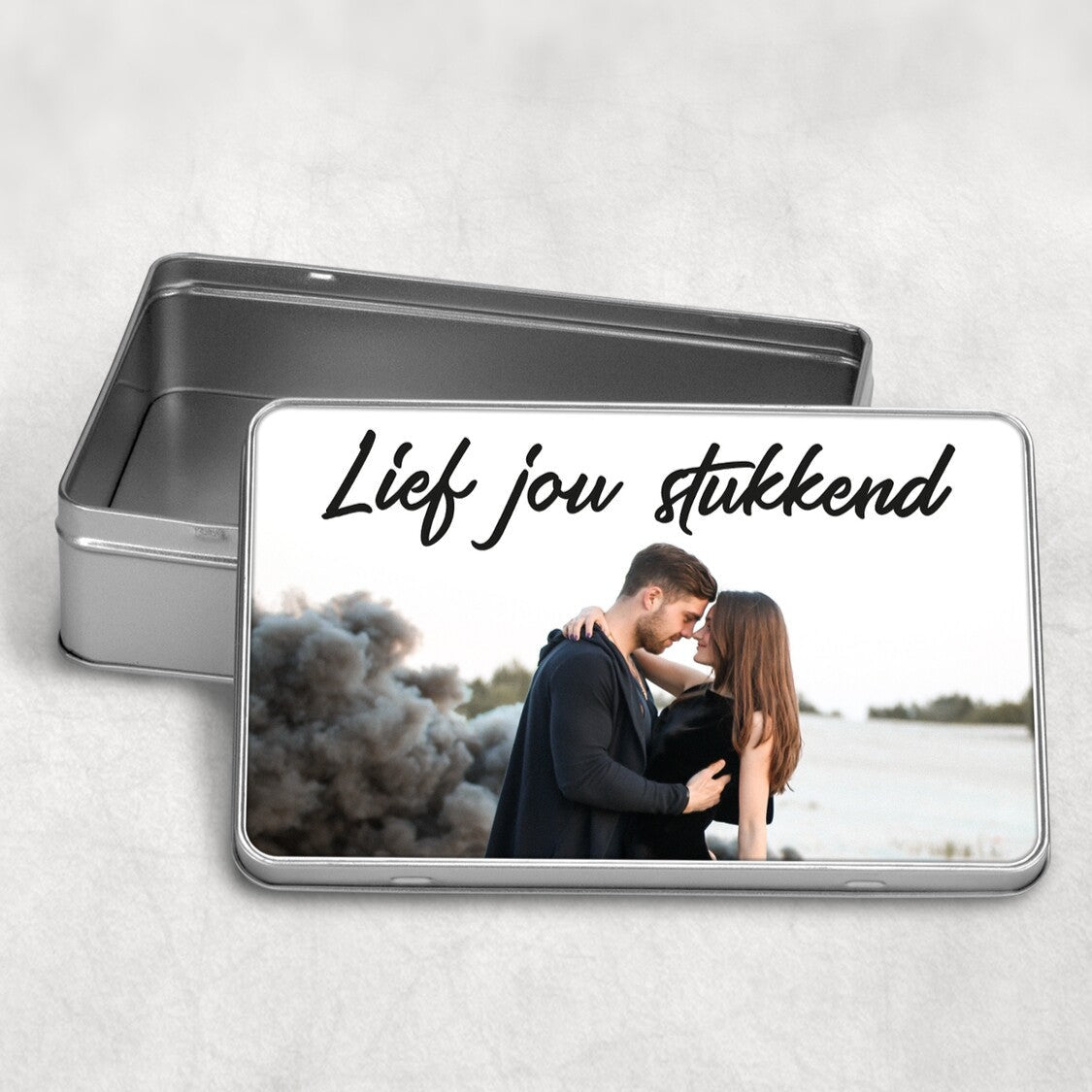 Personalised Metal Box from Happy Look | South Africa – A sleek and stylish metal tin customised with the a full print photo and a short message in a cursive font Ideal for birthdays, Valentines Day, or any special occasion. Customise with a unique message to create a cherished keepsake. Shop now!
