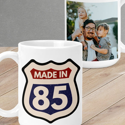 Personalised Mug from Happy Look | South Africa – Features a vintage "Made in 85" design on one side and a customizable photo area on the other. Perfect for birthdays, anniversaries, and family gatherings, and customisable with your favorite images. A thoughtful gift that brings joy and lasting memories. Shop now!