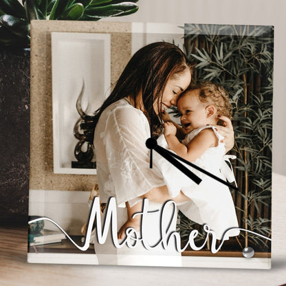 Personalised Square Glass Clock from Happy Look | South Africa – A stunning glass clock featuring a customisable photo for your mom, with the word "Mother" elegantly displayed in a cursive font at the bottom. Perfect for Mother's Day, birthdays, or any special occasion to celebrate and appreciate your mom. A thoughtful gift that brings joy and lasting memories. Shop now!