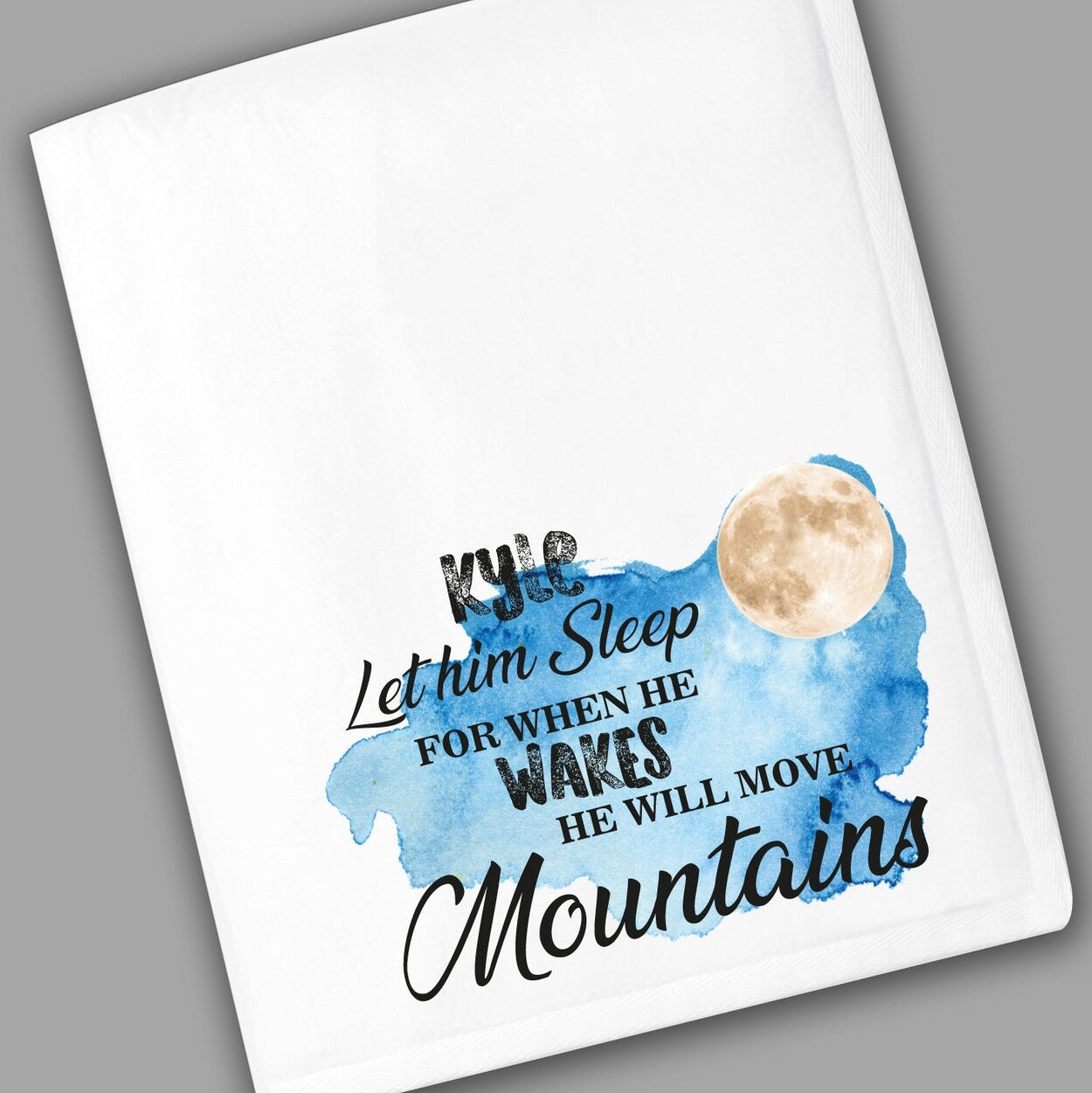 Personalised Name Baby Blanket (Kyle) from Happy Look | South Africa – A plush baby blanket with a calming blue watercolor background, a full moon, and an inspiring quote. Ideal for newborn gifts, christenings, or room decor, and customisable with a name. A thoughtful gift that brings joy and lasting memories. Shop now!