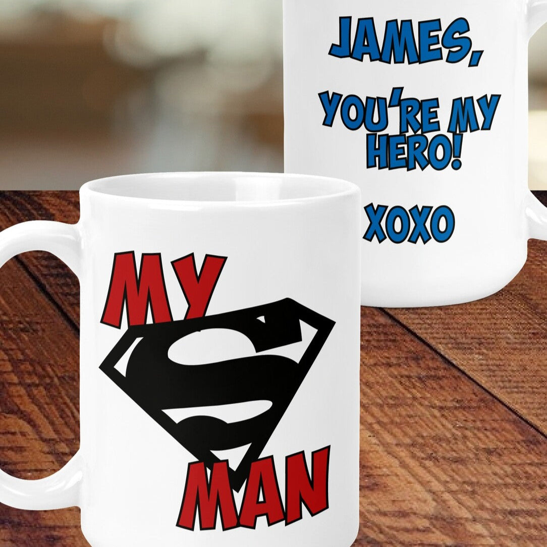 Personalised Superhero Mug from Happy Look | South Africa – Featuring a custom message for a superhero lover. Perfect for birthdays and customisable with a name. A thoughtful gift that brings joy and lasting memories. Shop now!