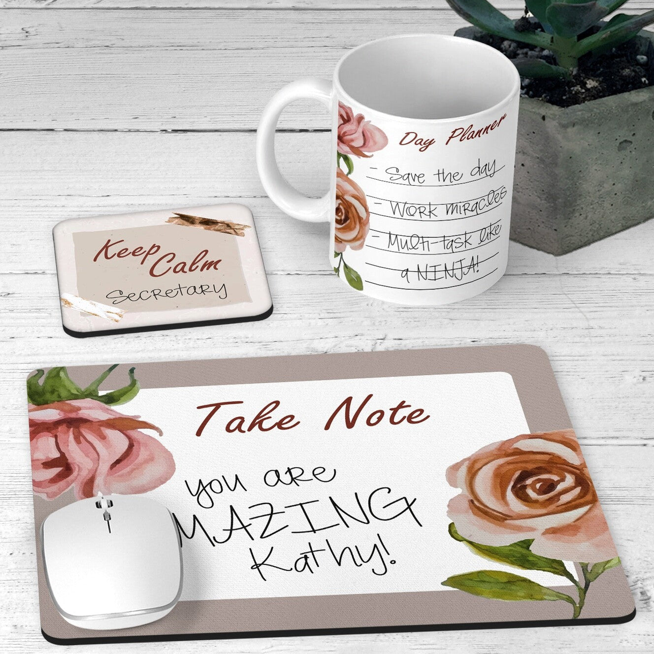 Personalised Secretary Day Desk Set from Happy Look | South Africa – A stylish floral-themed set with a motivational "Take Note" message, including a mug, MDF coaster, and rubber mousepad. Perfect for Secretary’s Day, admin appreciation, and customisable with a name. A thoughtful gift that brings joy and lasting memories. Shop now!