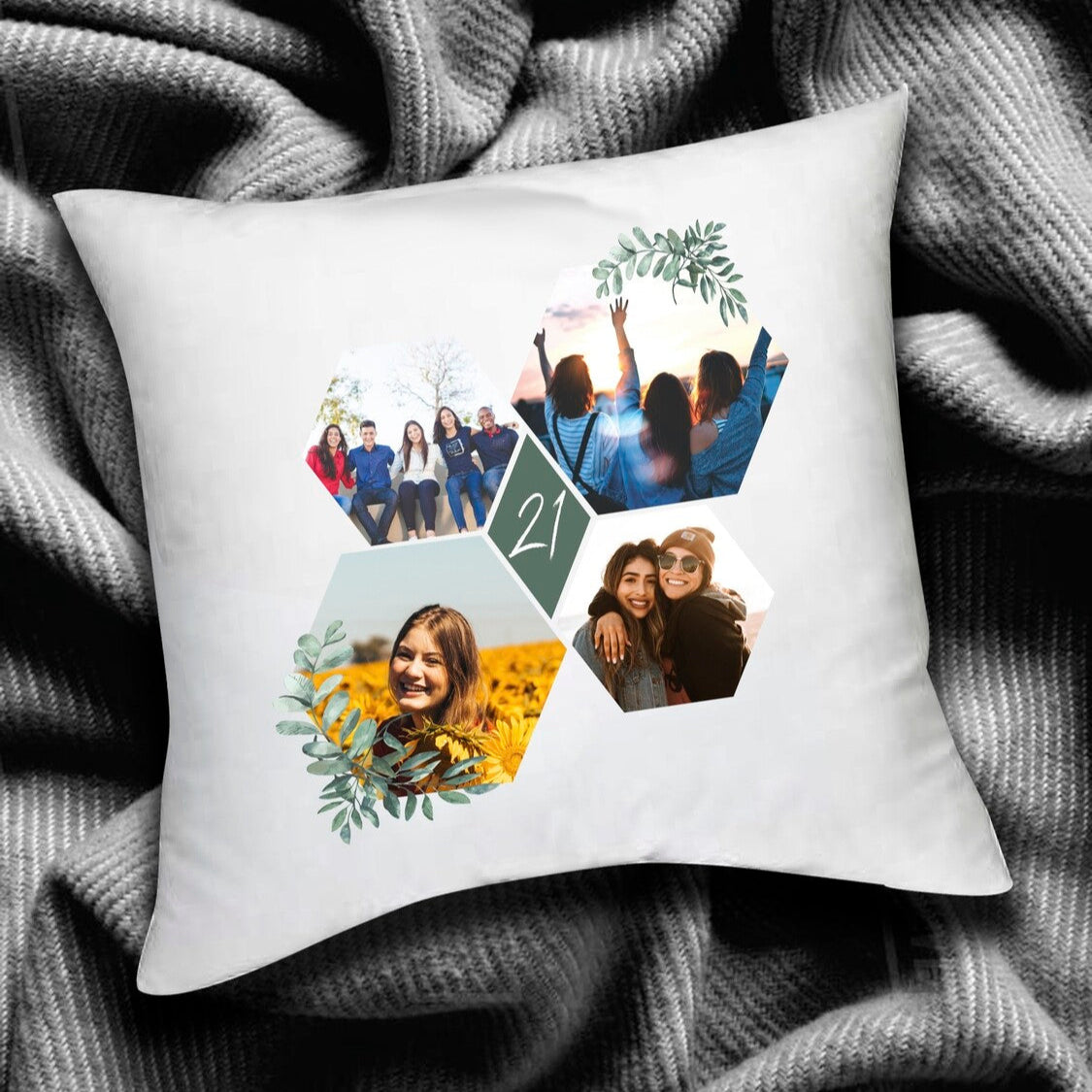 Personalised Photo Collage Cushion from Happy Look | South Africa – Features a hexagon-shaped collage with personal photos. Perfect for birthdays and customisable with meaningful photos. A thoughtful gift that brings joy and lasting memories. Shop now!