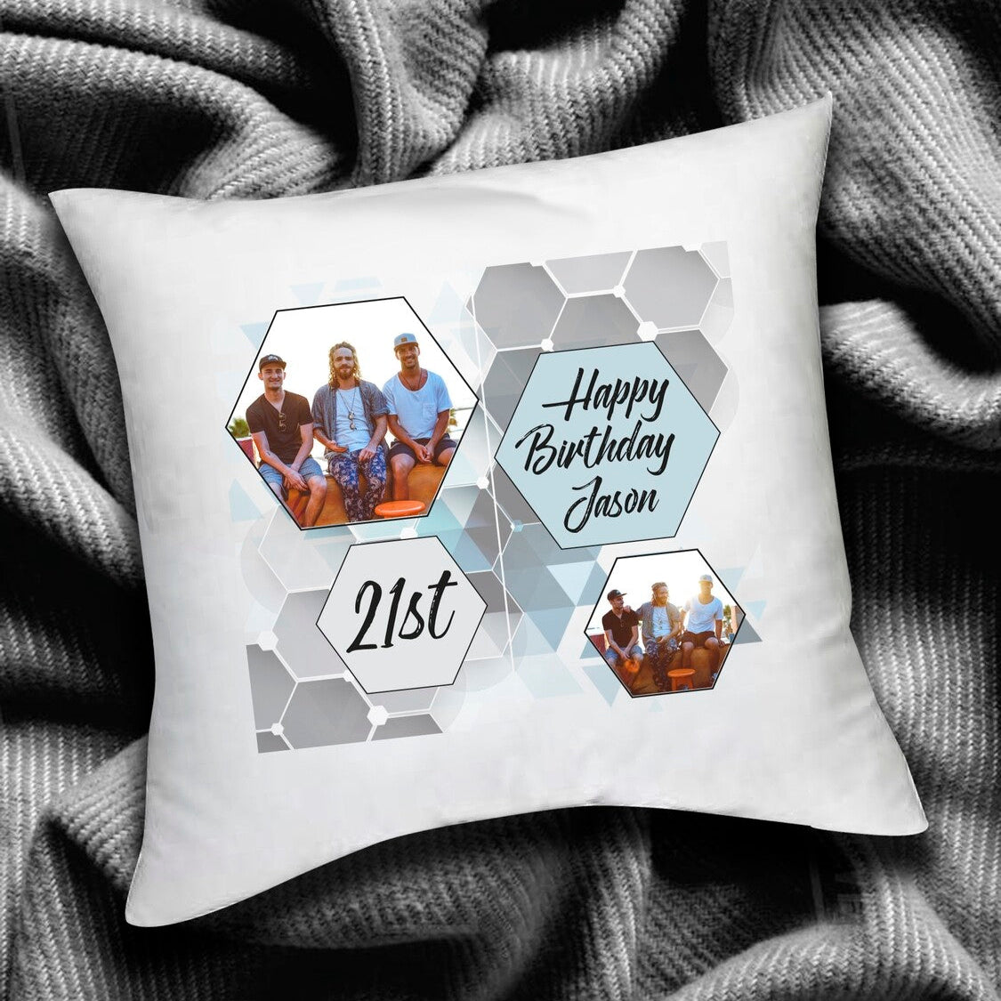 Personalised 21st Birthday Cushion from Happy Look | South Africa – Showcases a memorable design with hexagonal photo collage. Perfect for milestone birthdays and customisable with a personal message. A thoughtful gift that brings joy and lasting memories. Shop now!