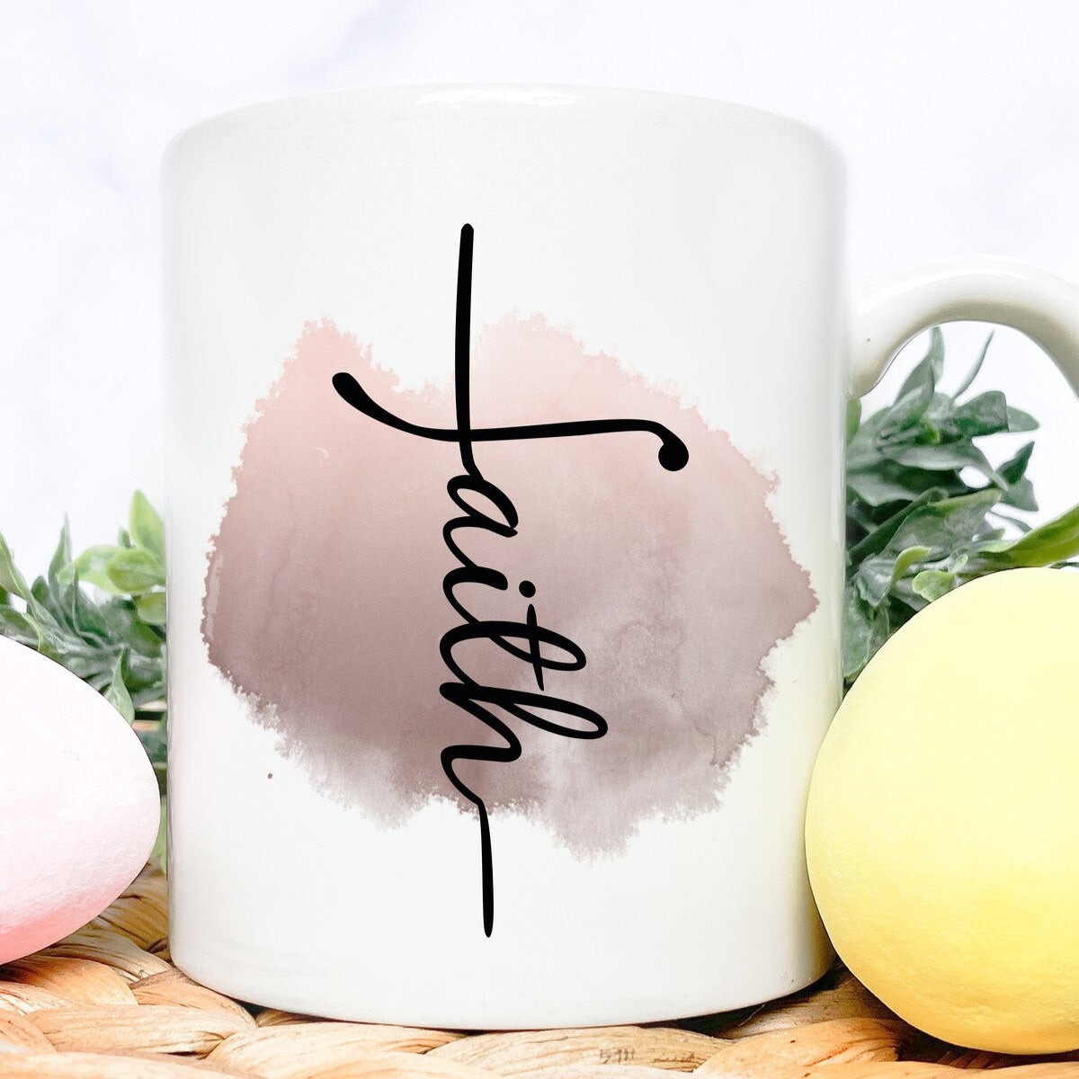 Personalised Mug from Happy Look | South Africa – Features an elegant "faith" text on a soft watercolor background. Perfect for spiritual gifts and customisable with personal touches. A thoughtful gift that brings joy and lasting memories. Shop now!