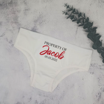Personalised Ladies Cheekie Underwear from Happy Look | South Africa – "Property of [Name]" design with a date. A unique and meaningful gift for couples celebrating anniversaries, weddings, or special moments. Personalise with a name and date for a sentimental touch. Shop now!