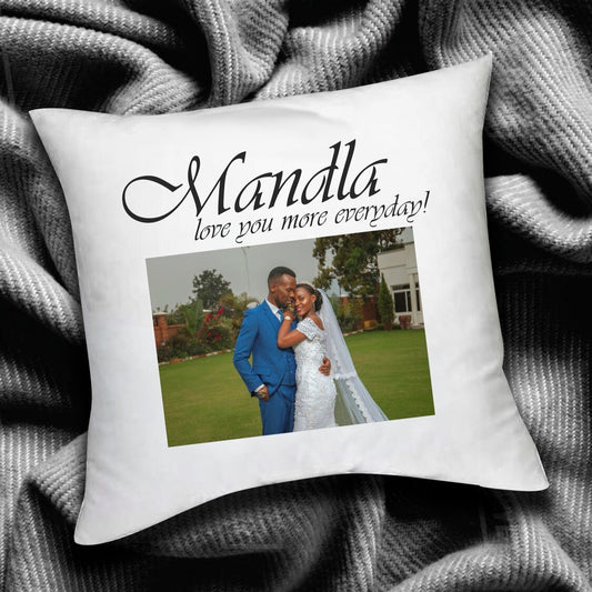 Personalised Mandla Love Cushion from Happy Look | South Africa – Features a romantic message alongside a couple's photo. Perfect for weddings or special anniversaries and customisable with names or photos. A thoughtful gift that brings joy and lasting memories. Shop now!
