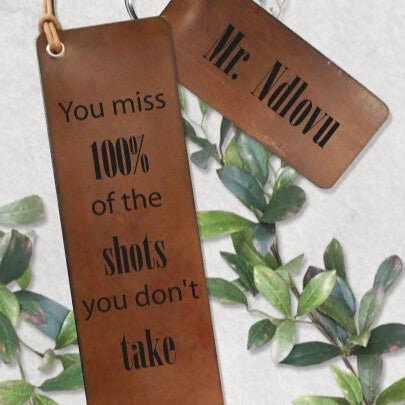 Personalised Leather Keyring and Bookmark Set from Happy Look | South Africa – Encouraging words for aspiring leaders. Perfect for graduation gifts and customisable with names. A thoughtful gift that brings joy and lasting memories. Shop now!