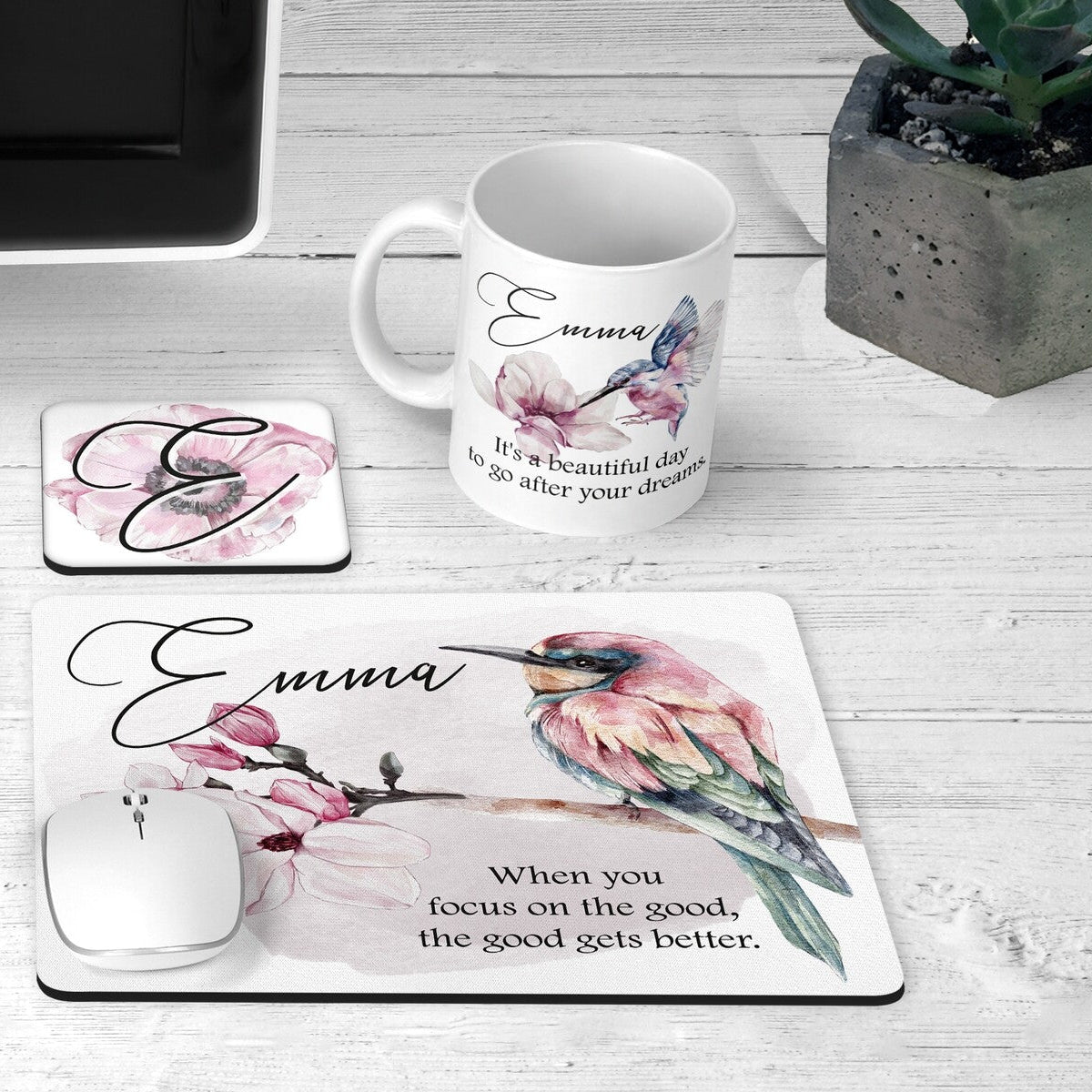 ersonalised Desk Set from Happy Look | South Africa – Elegant bird and floral-themed desk set featuring a mug, coaster, and mouse pad. Perfect for office decor, birthdays, or thoughtful gifts. Customisable with a name. A thoughtful gift that brings joy and lasting memories. Shop now!