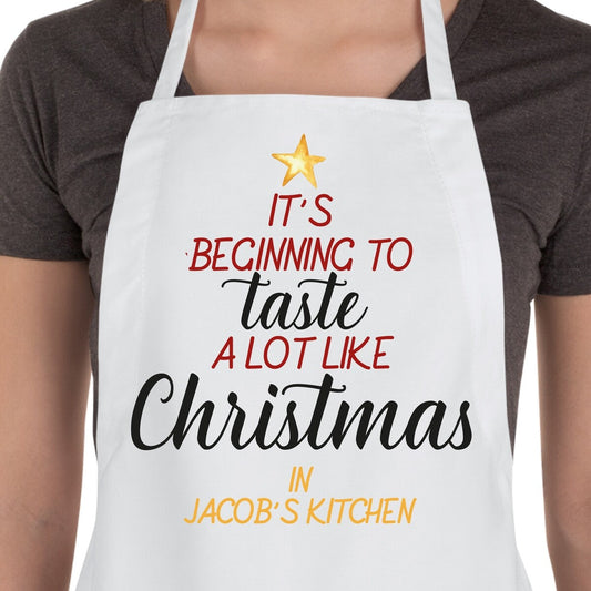 Alt Text: Personalised Apron from Happy Look | South Africa – Highlights "It's beginning to taste alot like Christmas with festive design. Perfect for baking treats and customisable with a name. A thoughtful gift that brings joy and lasting memories. Shop now!