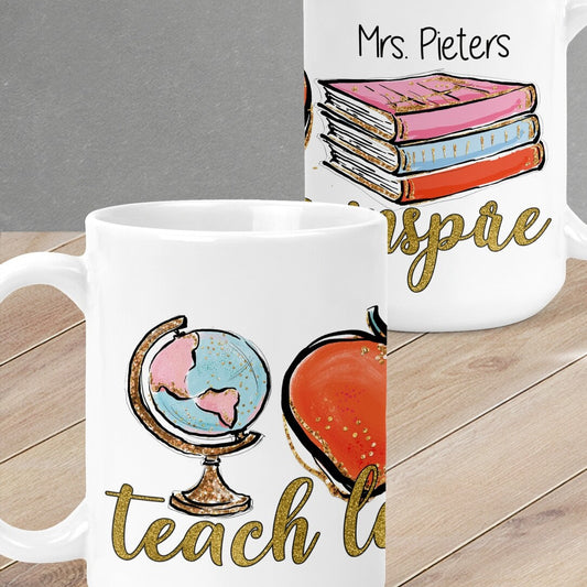  Personalised Mug from Happy Look | South Africa – Showcasing an inspirational design with "Mrs. Pieters" for teachers. Perfect for back-to-school and customisable with names. A thoughtful gift that brings joy and lasting memories. Shop now!