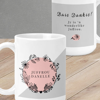  Personalised Mug from Happy Look | South Africa – Designed with floral elements and the name "JUFFROU DANELLE." Perfect for showing appreciation for teachers and customisable with personalized messages. A thoughtful gift that brings joy and lasting memories. Shop now!