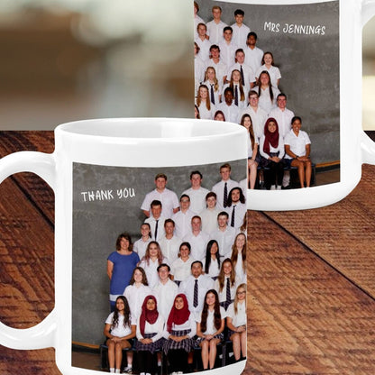 Personalised Mug from Happy Look | South Africa – Featuring a group photo and "THANK YOU" for a teacher. Perfect for teacher appreciation events and customisable with a name. A thoughtful gift that brings joy and lasting memories. Shop now!