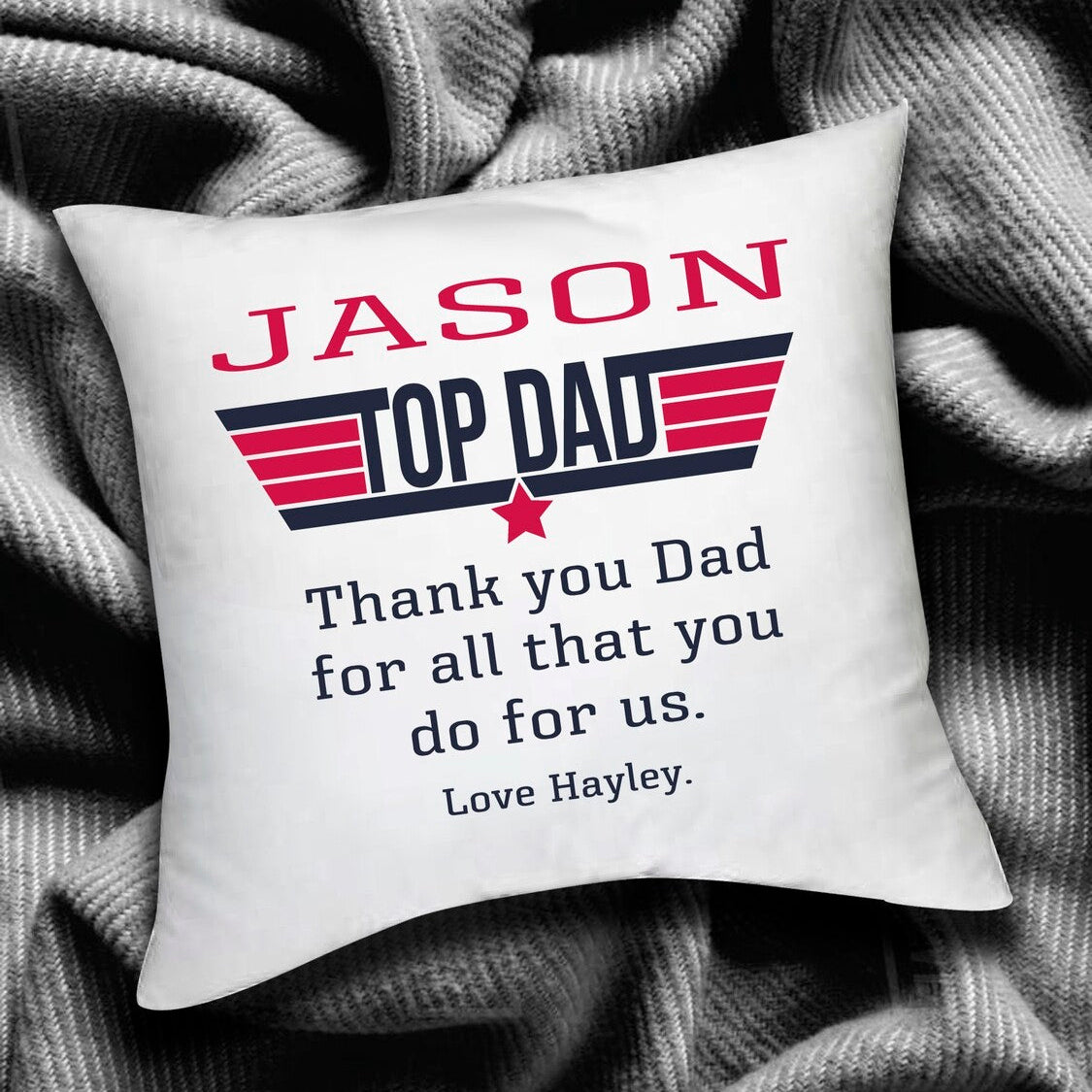 Personalised Cushion from Happy Look | South Africa – Celebrating a "Top Dad" with a special message. Perfect for Father's Day and customisable with your choice of name. A thoughtful gift that brings joy and lasting memories. Shop now!