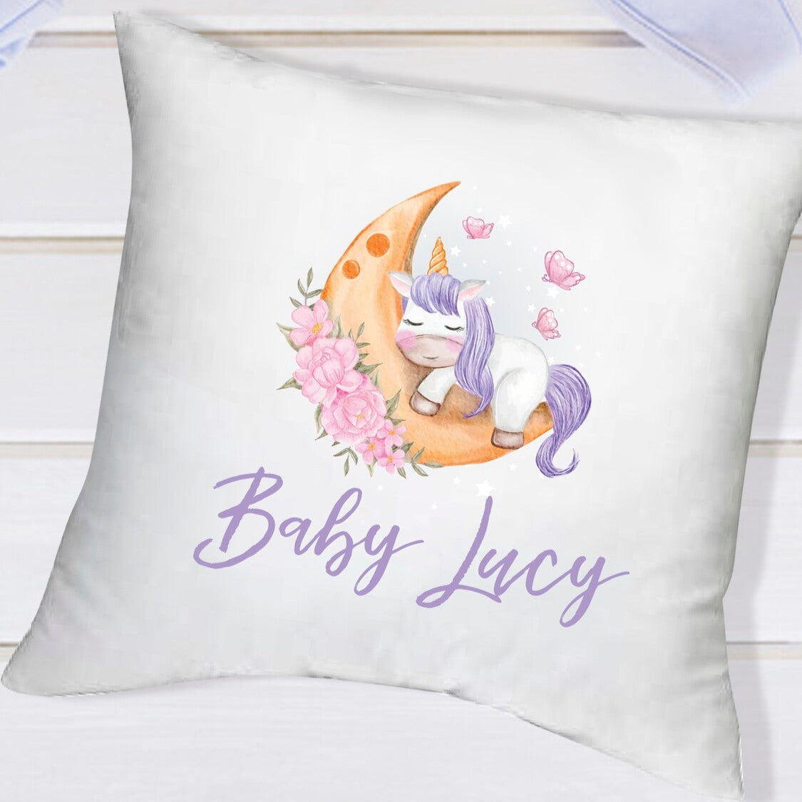 Personalised Pillow from Happy Look | South Africa – Showcasing a cute unicorn and moon design with the name "Baby Lucy." Perfect for baby showers and customisable with names. A thoughtful gift that brings joy and lasting memories. Shop now!