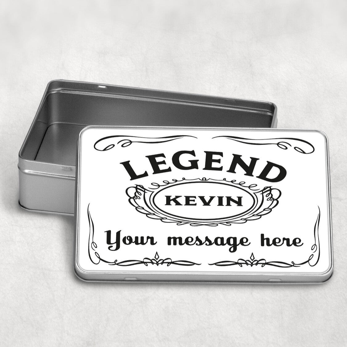 Personalised "Legend" Metal Gift Box from Happy Look | South Africa – A sleek and stylish metal tin customised with the name "Kevin" and an elegant vintage-inspired design. Ideal for birthdays, Father’s Day, or any special occasion. Customise with a unique message to create a cherished keepsake. Shop now!