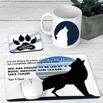 Personalised Wolf-Themed Desk Set from Happy Look | South Africa – Includes a mug, mousepad, and coaster featuring a striking wolf silhouette design. Perfect for office decor, corporate gifting, or as a motivational gift. Customisable with names or messages. A thoughtful gift that brings joy and lasting memories. Shop now!