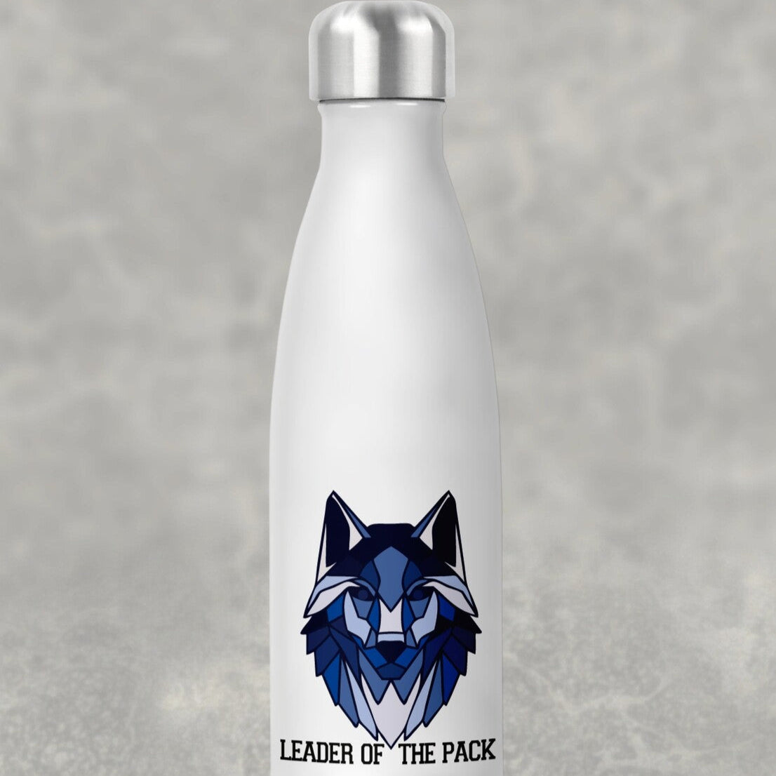 Personalised Water Bottle from Happy Look | South Africa – Featuring a geometric wolf design and the phrase "Leader of the Pack." Perfect for gym sessions, office use, or outdoor adventures and customisable with unique graphics. A thoughtful gift that brings joy and lasting memories. Shop now!