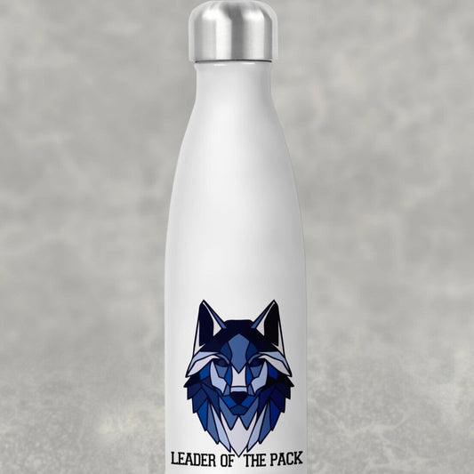 Personalised Water Bottle from Happy Look | South Africa – Featuring a geometric wolf design and the phrase "Leader of the Pack." Perfect for gym sessions, office use, or outdoor adventures and customisable with unique graphics. A thoughtful gift that brings joy and lasting memories. Shop now!