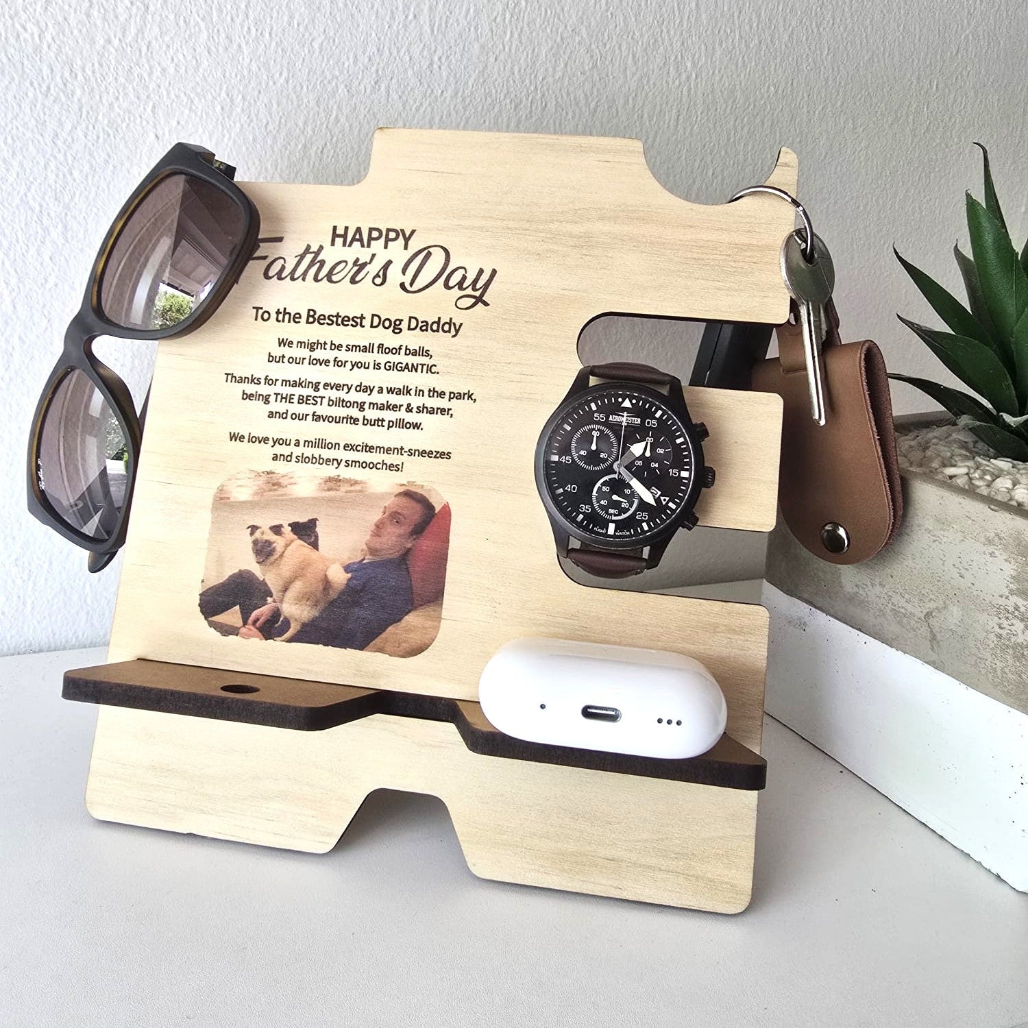 Wood Gadget Stand that holds phone, pen, keys, watch, glasses, ring, earpods, etc. with a personal printed photo, message or logo. It keeps the desk organised and neat.