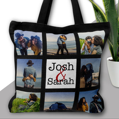  Personalised Tote Bag from Happy Look | South Africa – Showcases a collage of photos with the names "Josh & Sarah". Perfect for couples and customisable with personal photos or dates. A thoughtful gift that brings joy and lasting memories. Shop now!