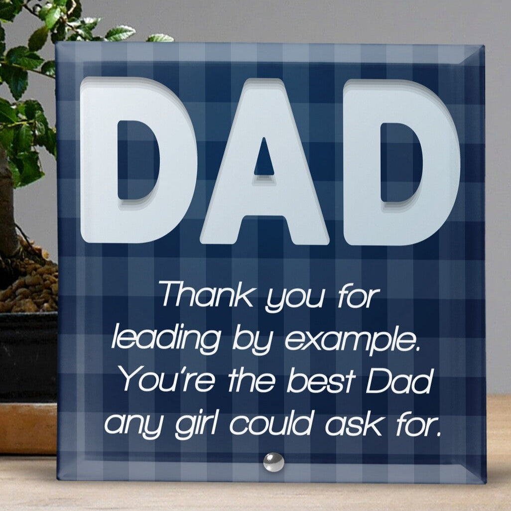 Personalised Glass Tile from Happy Look | South Africa – A stylish, navy plaid design showcasing a simple yet impactful message for Dad. Perfect for birthdays or special recognitions and customisable with a name. A thoughtful gift that brings joy and lasting memories. Shop now!