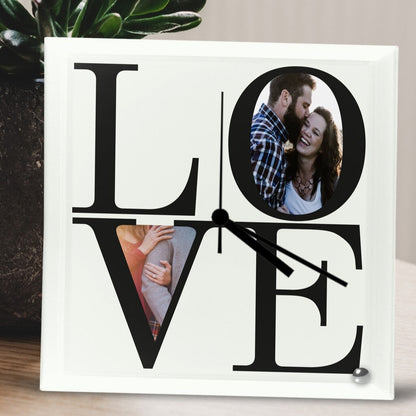 Personalised Love Photo Glass Clock from Happy Look | South Africa – A stylish glass clock with a modern "LOVE" design, customisable with your favourite couple's photos. A perfect gift for weddings, anniversaries, or Valentine's Day, making every moment count. Shop now!