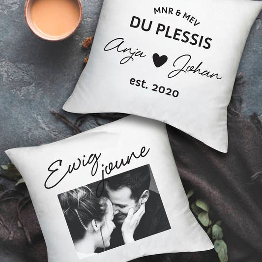 Personalised scatter cushion set from Happy Look | South Africa – Made from high-quality fabric, one cushion custom-printed with your favourite photo and the other featuring your names. Perfect for anniversaries, weddings, or adding a personal touch to your home decor. A unique and sentimental gift for loved ones. Shop now!