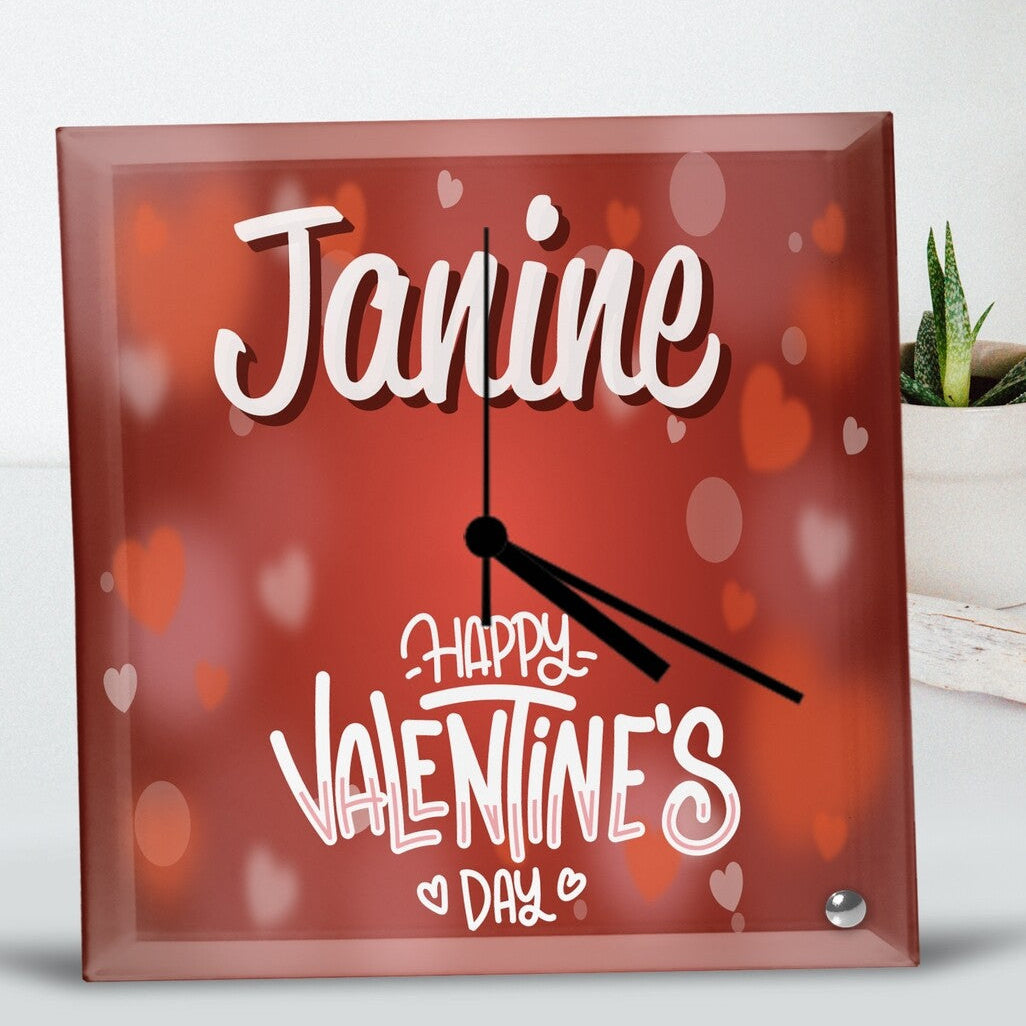 Personalised Valentine's Day Glass Clock from Happy Look | South Africa – A beautifully crafted glass clock with a romantic red design, customisable with a name and heartfelt message. Perfect for Valentine's Day, anniversaries, or any special occasion. A thoughtful gift that brings joy and lasting memories. Shop now!
