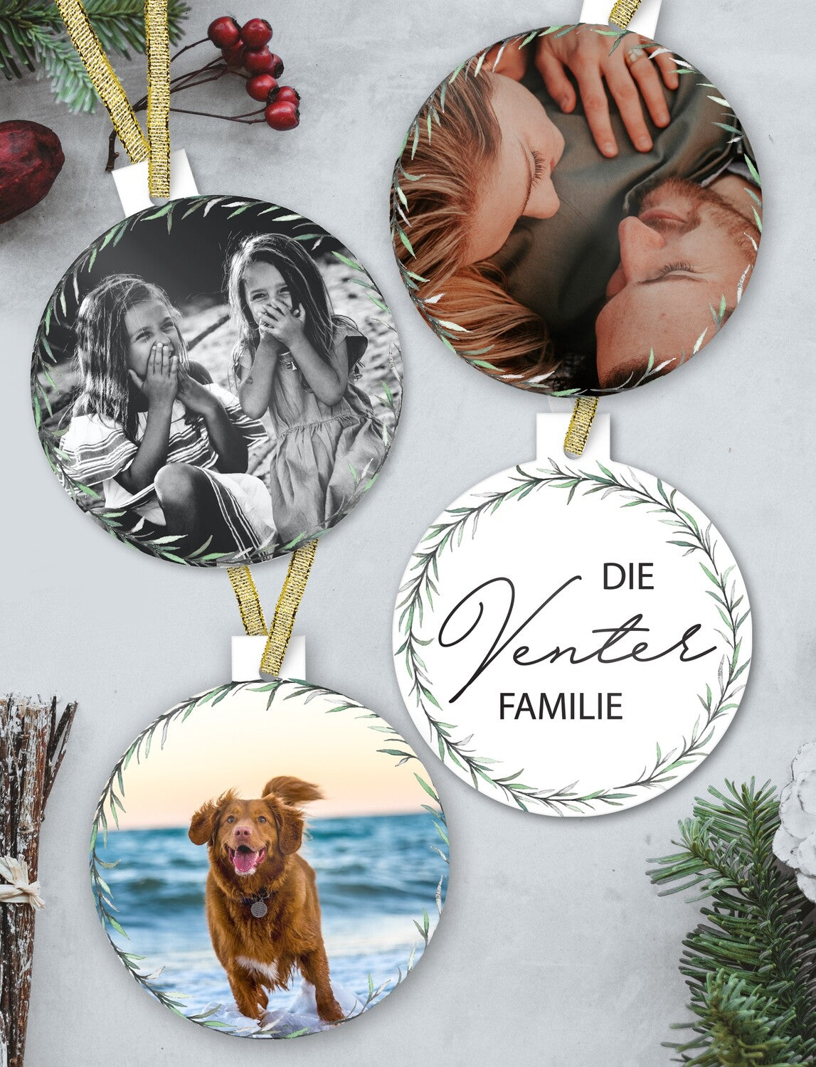 Afrikaans Family Bauble Set "Die Venter Familie" from Happy Look | South Africa – A set of four circular hanging ornaments with a white background and a simple green leafy wreath border. The set includes a black and white photo of two girls, a photo of a couple relaxing, a photo of a dog on a beach, and the family name "Die Venter Familie" in script.