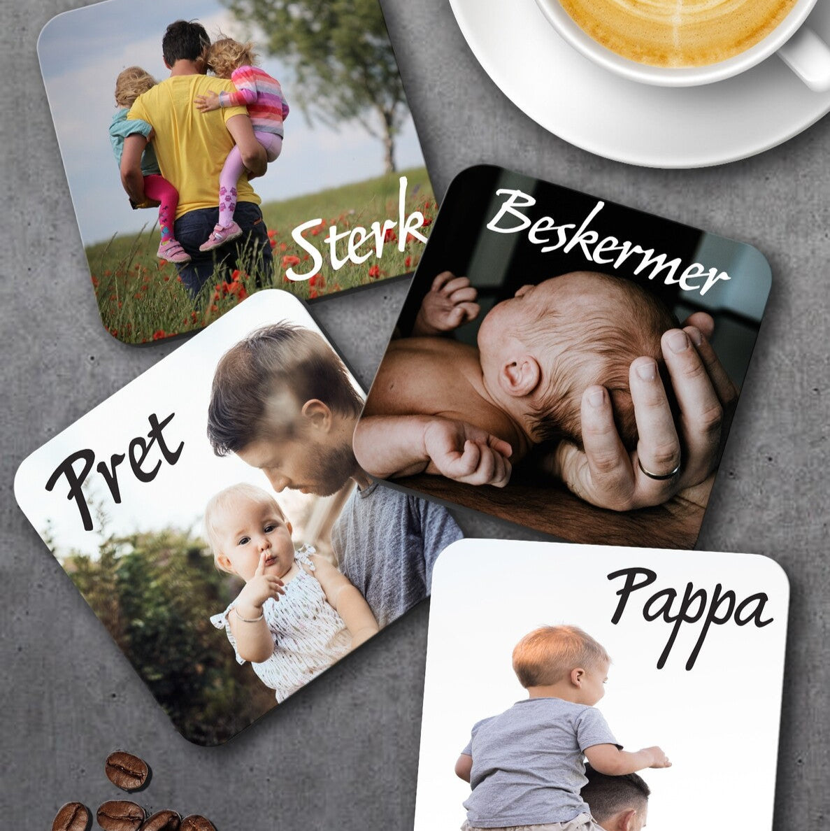 Personalised Coaster Set from Happy Look | South Africa – Showcases loving moments between dads and kids. Perfect for any occasion and customisable with personal photos. A thoughtful gift that brings joy and lasting memories. Shop now!