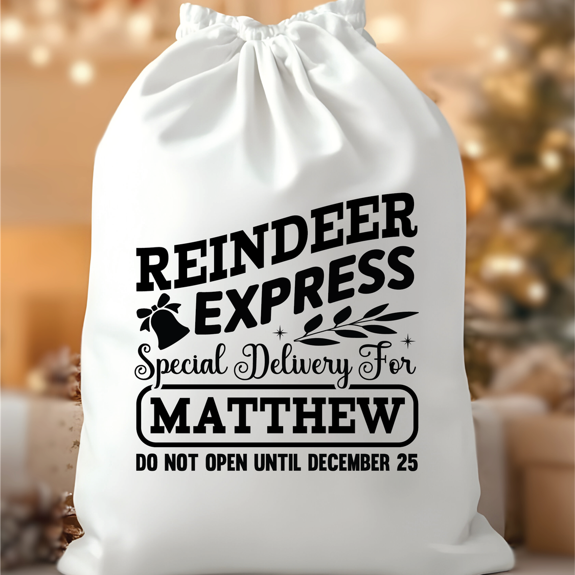 Personalised Reindeer Express Santa Sack "Matthew" from Happy Look | South Africa – A large white drawstring Christmas gift bag with a "REINDEER EXPRESS" stamp design and personalized text: "Special Delivery For MATTHEW Do Not Open Until December 25."