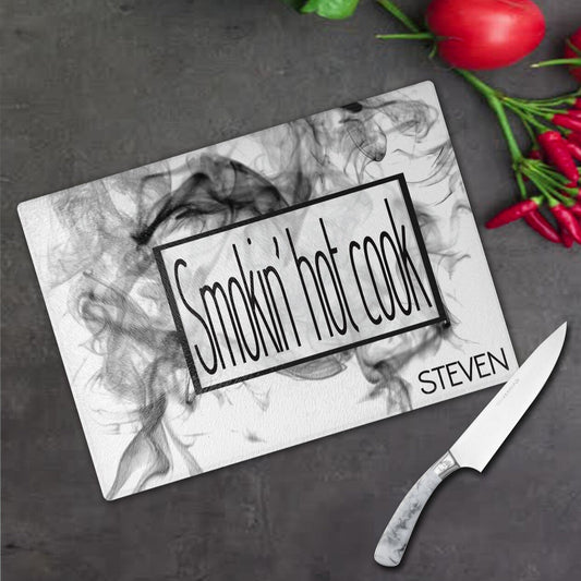 Personalised Cutting Board from Happy Look | South Africa – Fun cutting board featuring the text "Smokin' hot cook STEVEN" in a bold design. Perfect for birthdays, Father’s Day, or any special occasion and customisable with a name or special message. A thoughtful gift that brings joy and lasting memories. Shop now!
