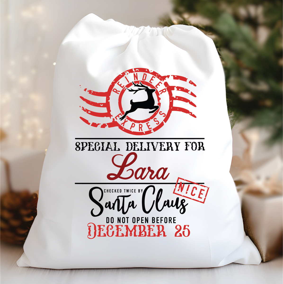 Personalised Reindeer Express Santa Sack "Lara" from Happy Look | South Africa – A large white drawstring Christmas gift bag with a red and black Reindeer Express stamp design, personalized for "Lara," and marked "Checked Twice By Santa Claus NICE."