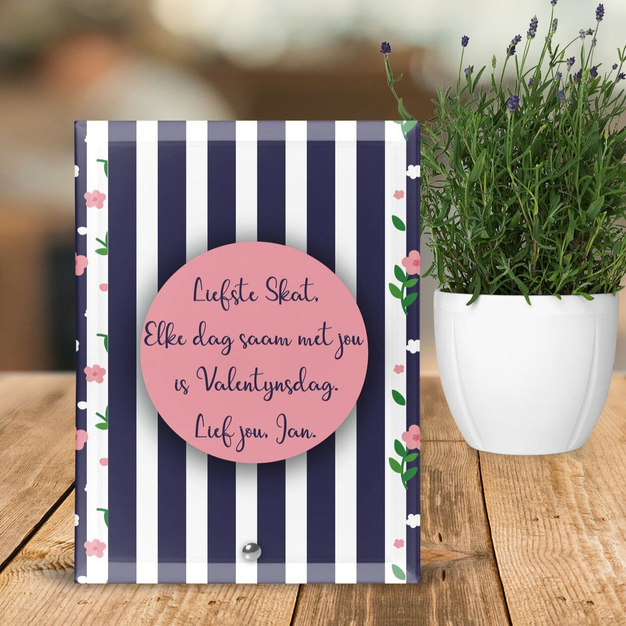 Personalised Glass Tile from Happy Look | South Africa – Featuring a sweet message on a striped background. Perfect for Valentine's Day and customisable with names. A thoughtful gift that brings joy and lasting memories. Shop now!