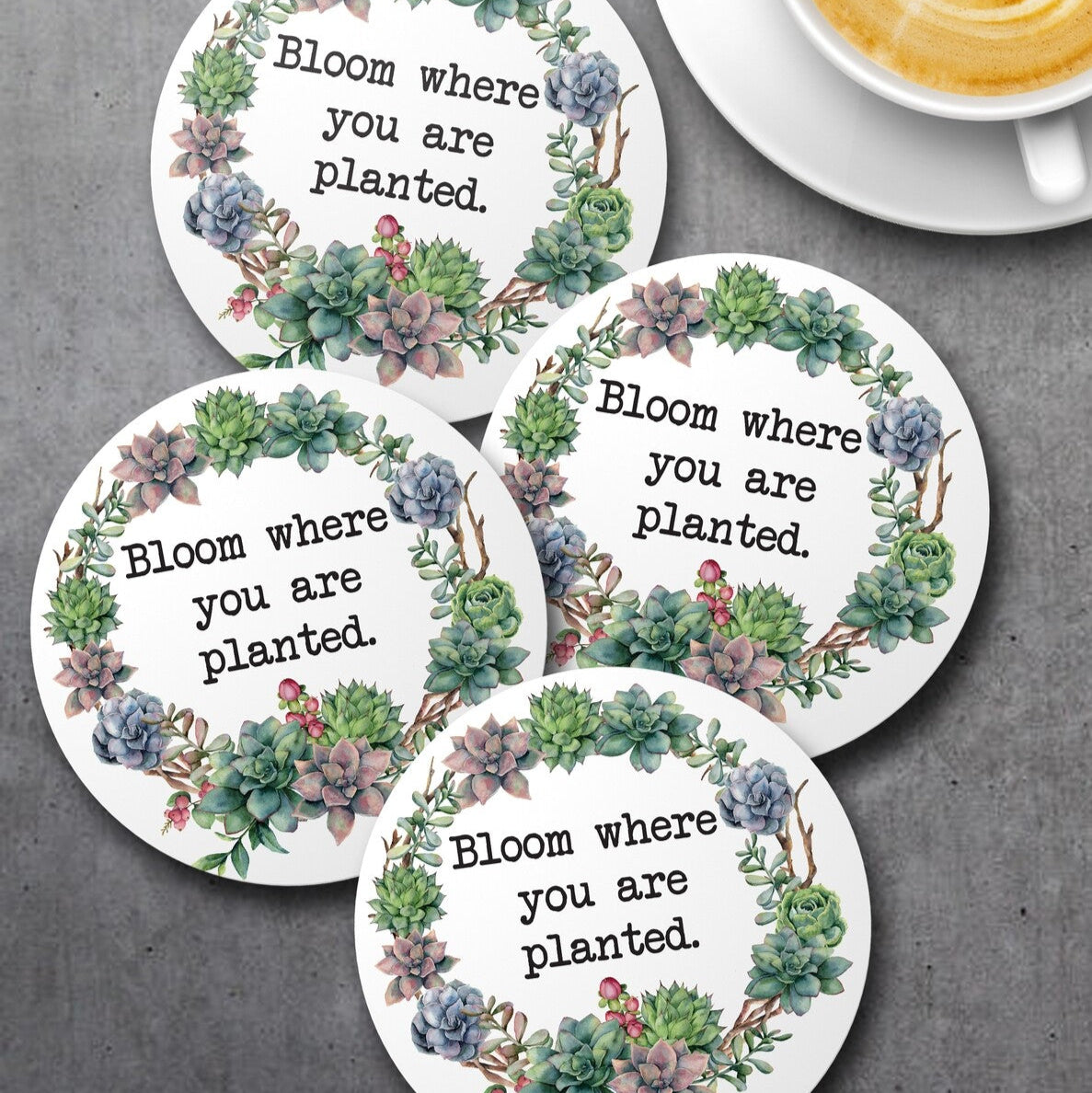 Personalised Succulent Quote Coaster Set from Happy Look | South Africa – Enhancing your space with an uplifting quote. Perfect for garden lovers and customisable with personal messages. A thoughtful gift that brings joy and lasting memories. Shop now!