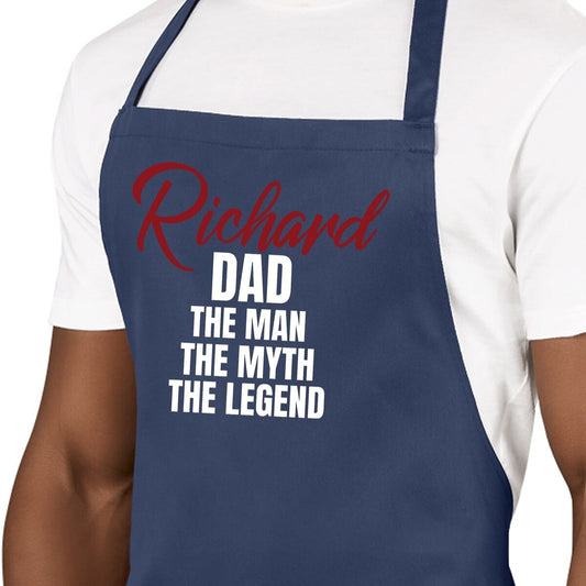 Personalised Apron from Happy Look | South Africa – Featuring the name "Richard" and the phrase "DAD THE MAN THE MYTH THE LEGEND". Perfect for Father's Day and customisable with personal names. A thoughtful gift that brings joy and lasting memories. Shop now!