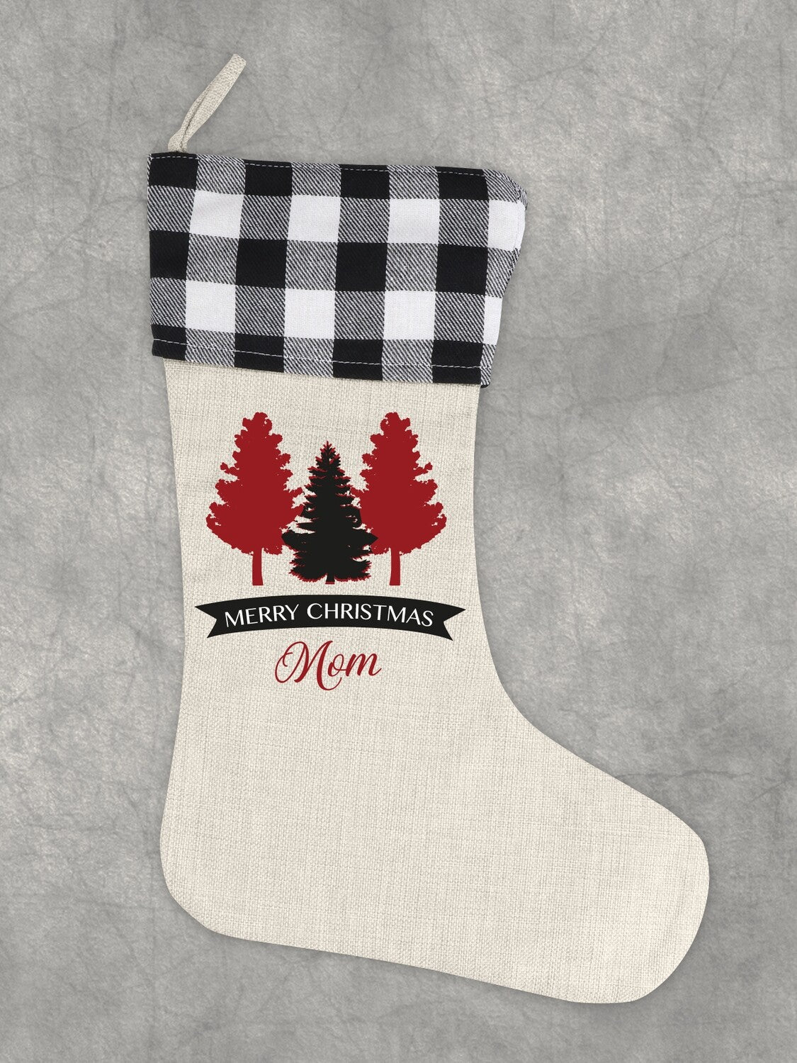 Personalised Christmas Stocking "Merry Christmas Mom" Tree Design from Happy Look | South Africa – A single cream-colored stocking with a black and white buffalo plaid cuff. It features a design of red and black pine trees and the text "MERRY CHRISTMAS Mom."