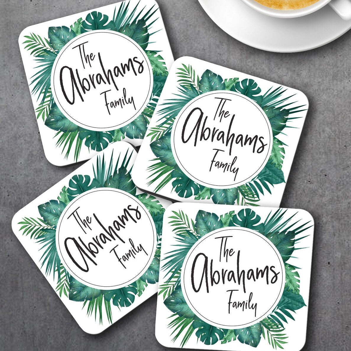 Personalised Family Coaster Set from Happy Look | South Africa – Emphasizing family bonds with tropical designs. Perfect for family gatherings and customisable with family names. A thoughtful gift that brings joy and lasting memories. Shop now!