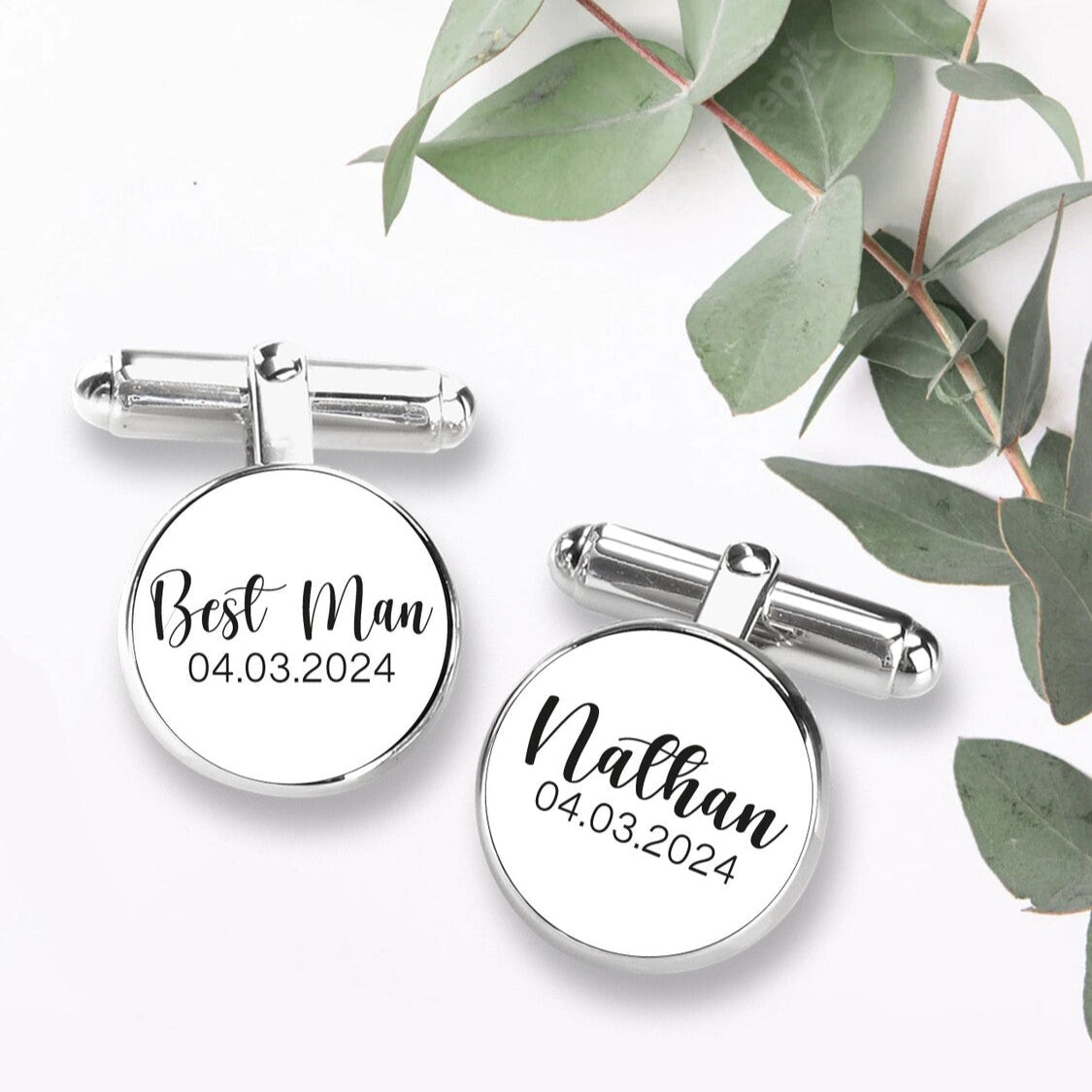 Personalised Wedding Cufflinks from Happy Look | South Africa – Custom round cufflinks engraved with "Best Man" and "Nathan" along with a wedding date. A stylish and heartfelt gift for weddings, best men, groomsmen, and formal events, customisable for a personal touch. A cherished memento for years to come. Get yours now.