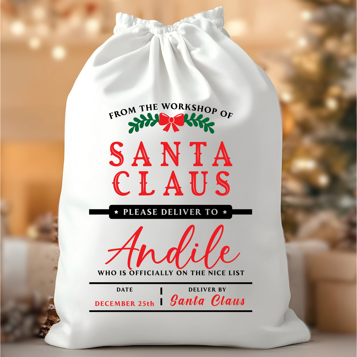 Personalised Santa Sack "SANTA CLAUS Please Deliver To Andile" from Happy Look | South Africa – A large white drawstring Christmas gift bag with a vintage design featuring "SANTA CLAUS" and the personalized text: "Please Deliver to Andile Who Is Officially On The Nice List."